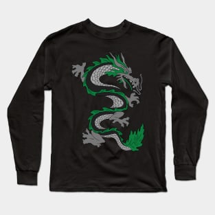 Japanese Dragon; Green Asian Dragon; Asian Tattoo Inspired Retro 80s Style Long Sleeve T-Shirt